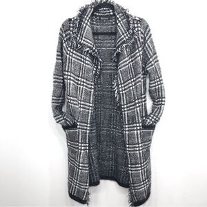 Two Sisters Black White Plaid Fringed Long Cardigan Sweater Coat